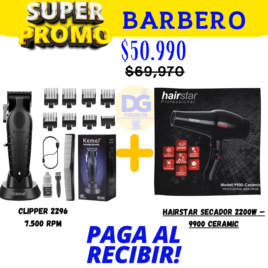 PROMO (Máquina cortadora de pelo Clipper Kemei 2296™ + Secador Hair Star™ Ceramic 9900 W)