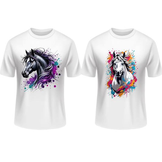 2 Poleras Manga Corta Blancas Caballos   – Fuerza, Estilo y Actitud Salvaje 🐴