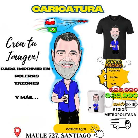 Pack Personalizado: Polera + Caricatura + Taza Sublimada