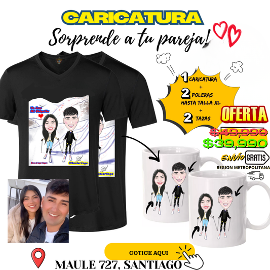 Pack Pareja Personalizado: 2 Poleras + 2 Tazas + Caricatura