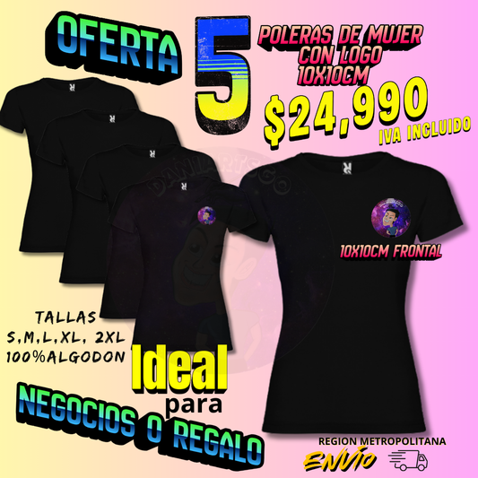 Promoción 5 Poleras de MUJER Emprendedora Estampadas 10x10cm (Con tu Logo)