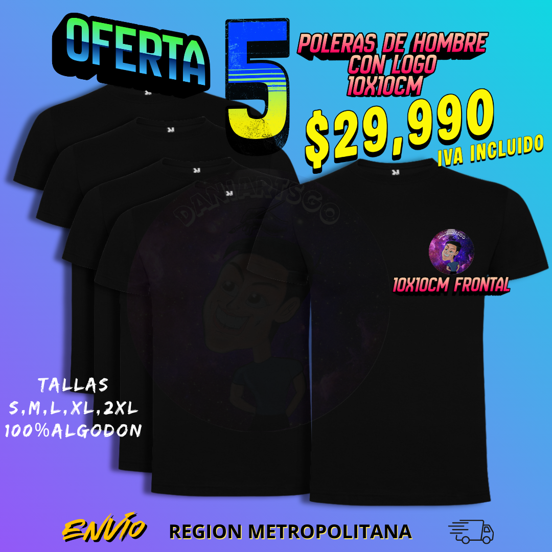 Promoción 5 Poleras de Hombre Estampadas 10x10cm (Con Tu LOGO) frontal