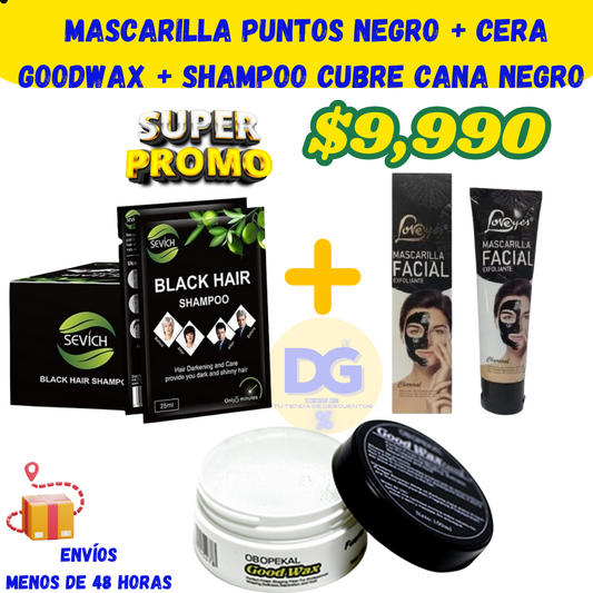 Promo (Mascarilla Puntos Negros + 10 Sobres Shampoo cubre Canas NEGRO + Cera Goodwax 100ml)