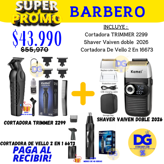 PROMO 3 KEMEI (MAQUINA CLIPPER KEMEI 2299+ SHAVER KEMEI 2026 + 2 EN 1 KEMEI 6673)