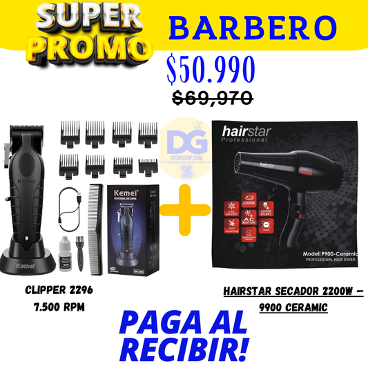PROMO (Máquina cortadora de pelo Clipper Kemei 2296™ + Secador Hair Star™ Ceramic 9900 W)