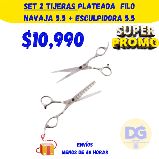 PROMO SET 2 TIJERAS PLATEADA FILO NAVAJA 5,5+ ESCULPIDORA 5,5
